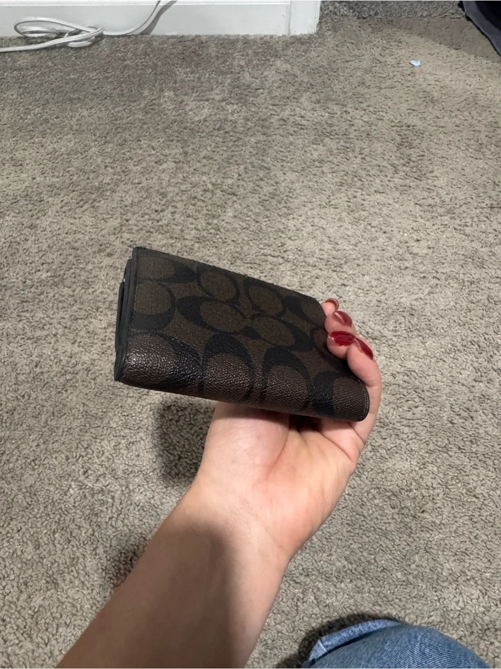 Coach Black Leather & Signature Canvas Compact Wallet with Gold Plaque